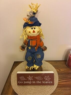 Hobby Lobby Orange and Blue Fall Scarecrow Figurine & Leaves Wood Block